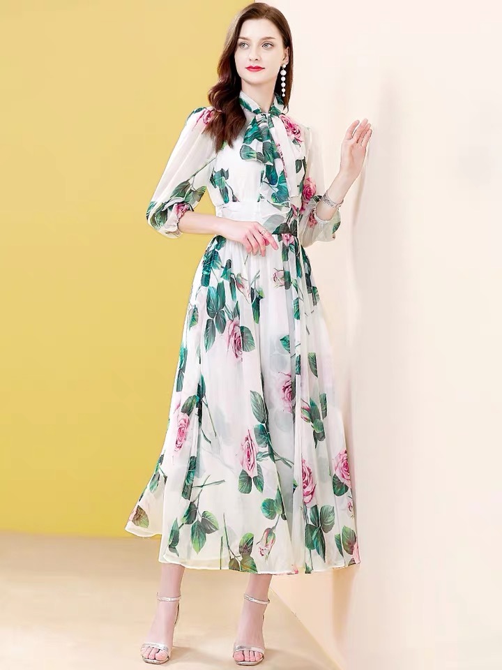 Spring Summer Runway Vintage Rose Flower Print Party White Dresses Women's Elegant Bow Collar DinnerBoho Beach Midi Dress 210421