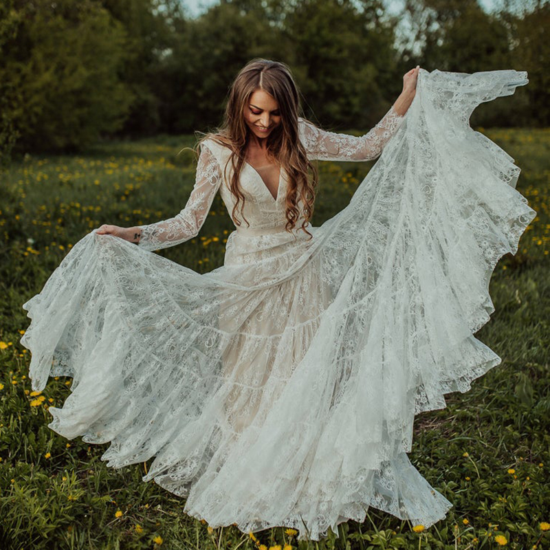 Boho Lace Long Sleeves Wedding Dress Open Back Deep V-Neck Ribbon Tiered Tulle Garden Beach A Line Bridal Gowns Nude Lining Country Bride Dresses Vest