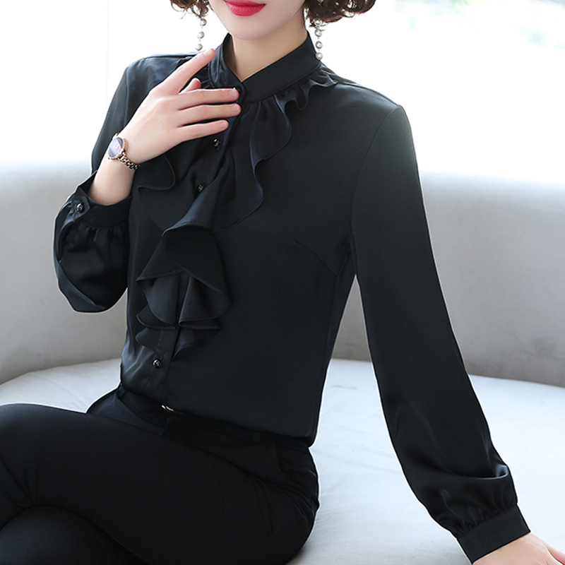 Women White Silver Tops Blouses Long Sleeve Womens Work Ruffle Shirts Stand Collar Slim Waist Office Ladies Camisa 2032A 210420