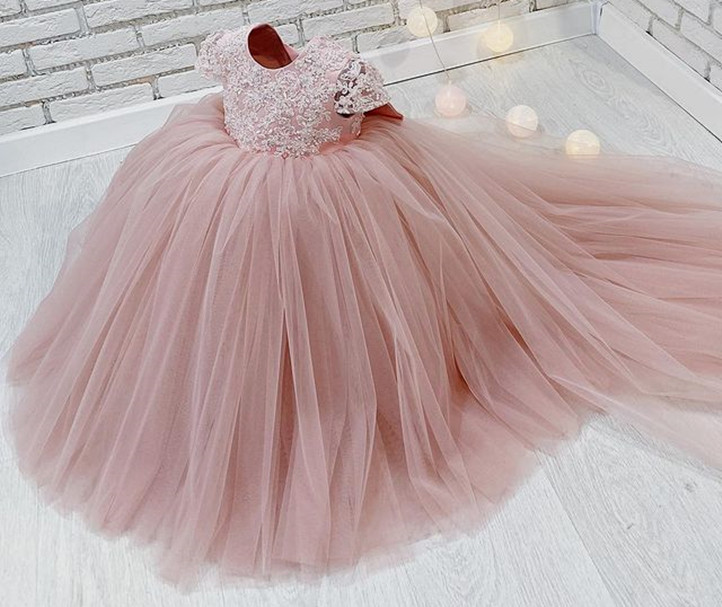 2021 Blush Pink Lace Flower Girl Dresses Ball Gown Beaded Backless Tulle Lilttle Kids Birthday Pageant Weddding Gowns