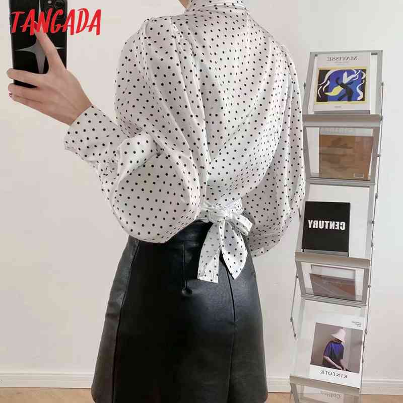 Women Retro Dots Print Chiffon Shirt Blouse Back Bow Ruffles Long Sleeve Chic Female Tops 5B10 210416
