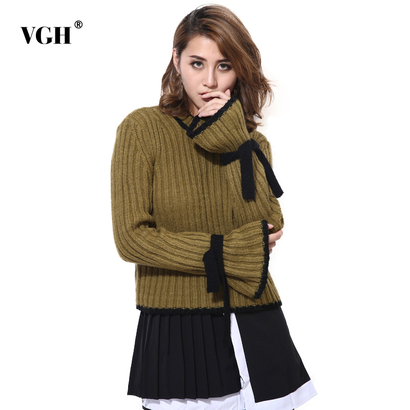 VGH Casual Lace Up Bowknot Sweater For Women Turtleneck Flare Sleeve Casual Basic Knitted Pullovers Female Fall Fashion New 210421