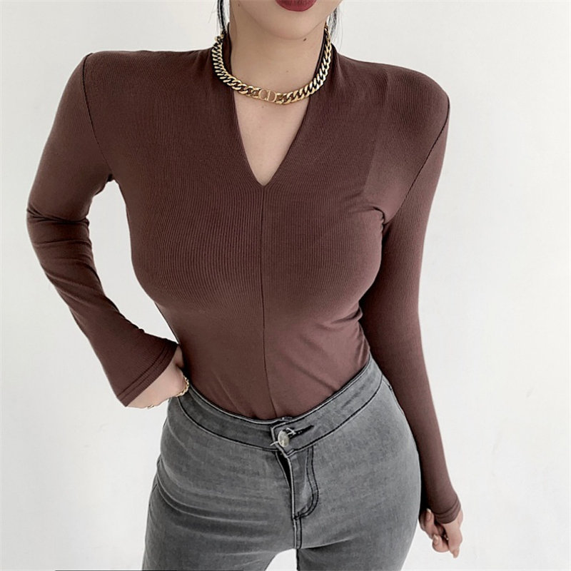 Spring Full Sleeves Chic V-Neck Sexy Solid Women All Match Basic Office Lady Tops Brief T-shirt 210421