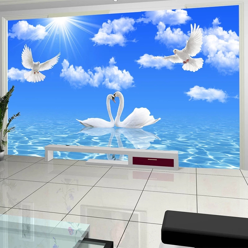 Custom Blue Sky White Clouds Wallpaper 3D Stereo White Swan River Mural Living Room Bedroom Theme Hotel