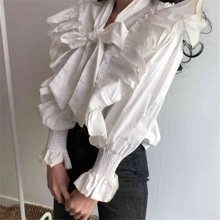 Women White Blouse Spring Korean Style Fashion Lace Bow Long-Sleeve Shirt Loose Black Female Tops 0735J 210420