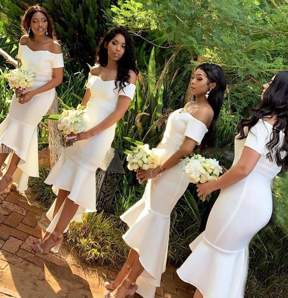 2021 White Mermaid Bridesmaid Dresses Off Shoulder High Low Short African Wedding Guest Party Gowns robes de demoiselle d'honneur