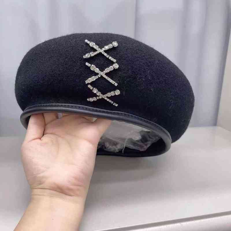 Korean Letter Rhinestone Beret Women's Autumn and Winter Wool Suit Hat Chaowang Red Bud Painter's