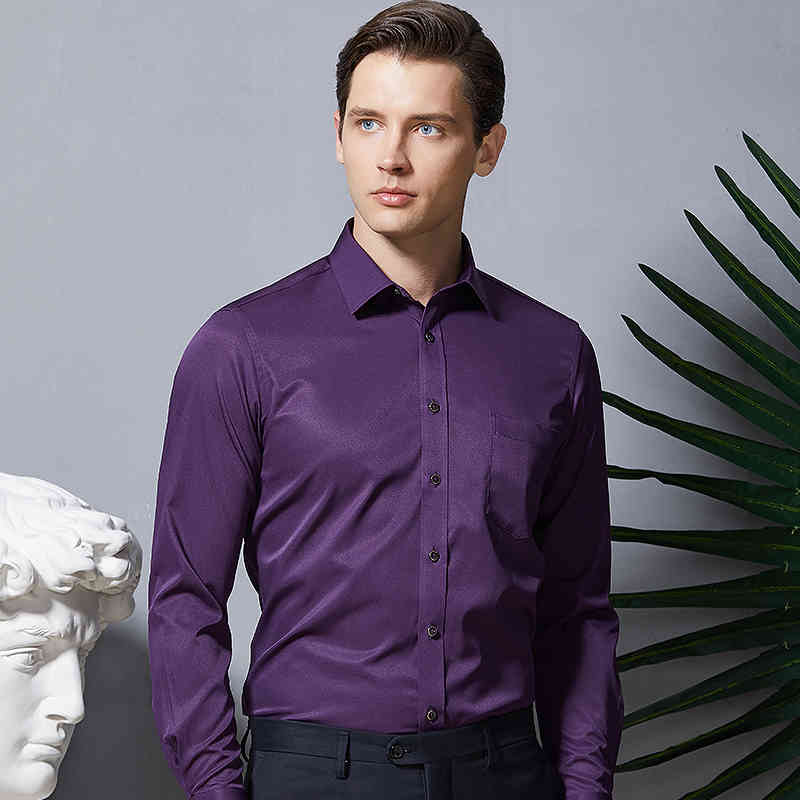 Men Shirts Long Sleeve Purple Formal shirts For Men Slim Fit Business Stretch Anti-wrinkle Professional Tooling Male Blouse 210410