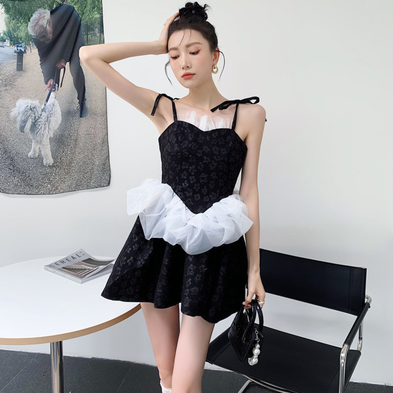 Women Dress Printing Sleeveless High Waist Patchwork Temperament Cute Short Dresses Fit Fashion Summer 2H280 210526