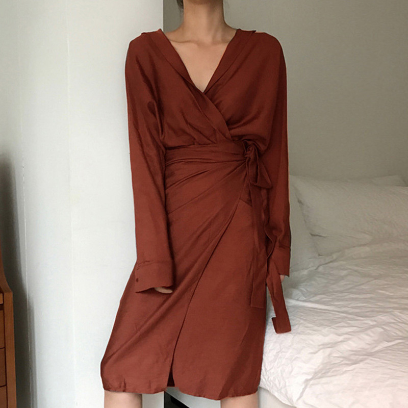 Chic V Neck Wrap Dress Women Solid Long Sleeve Elegant Office Ladies Dresses Vintage Midi Dress Vestidos Mujer 210414