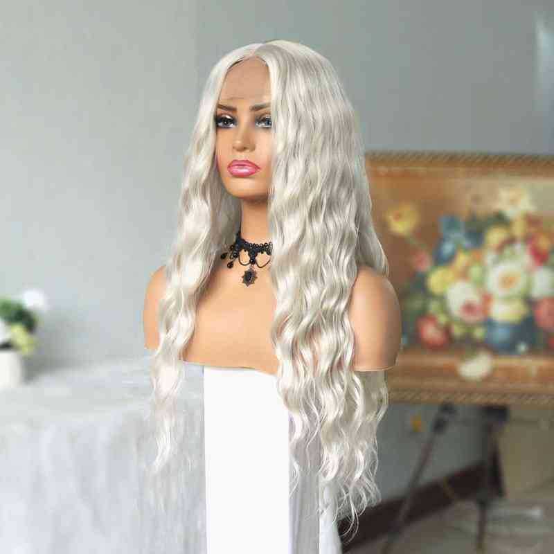 Platinum Blonde Synthetic Lace Wigs 24 Inches Long Body Wave Synthetic Wig White Wavy Lace Wigs for Women 220121