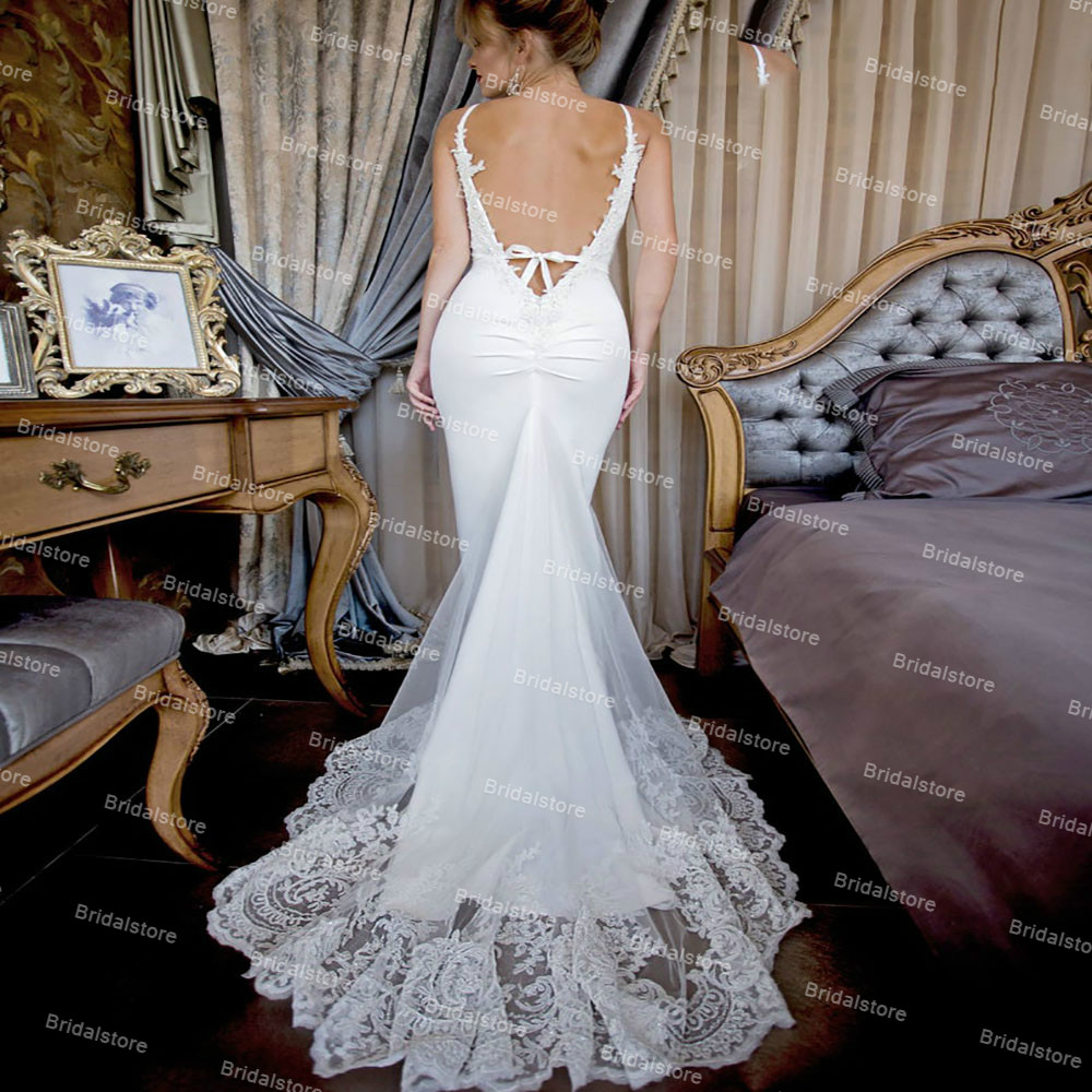 Chic Boho White Mermaid Wedding Dress With Beaded Sexy Spaghetti Straps Satin Backless Summer Beach Country Bridal Dresses Lace Train Robes De Mariage