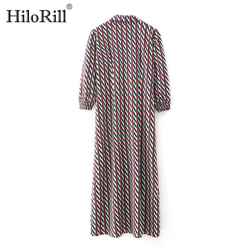 HiloRill Geometric Print Vintage Long Shirt Dress Women Office Wear Elegant Bow Tie Turn Down Collar Casual Vestido Dresses