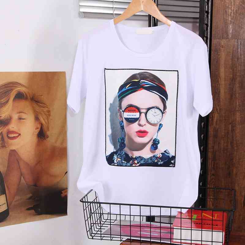 DONAMOL Summer Women's white clothes new fashion Western style Loose Plus Size T-shirts black Printing Appliques top female 210406