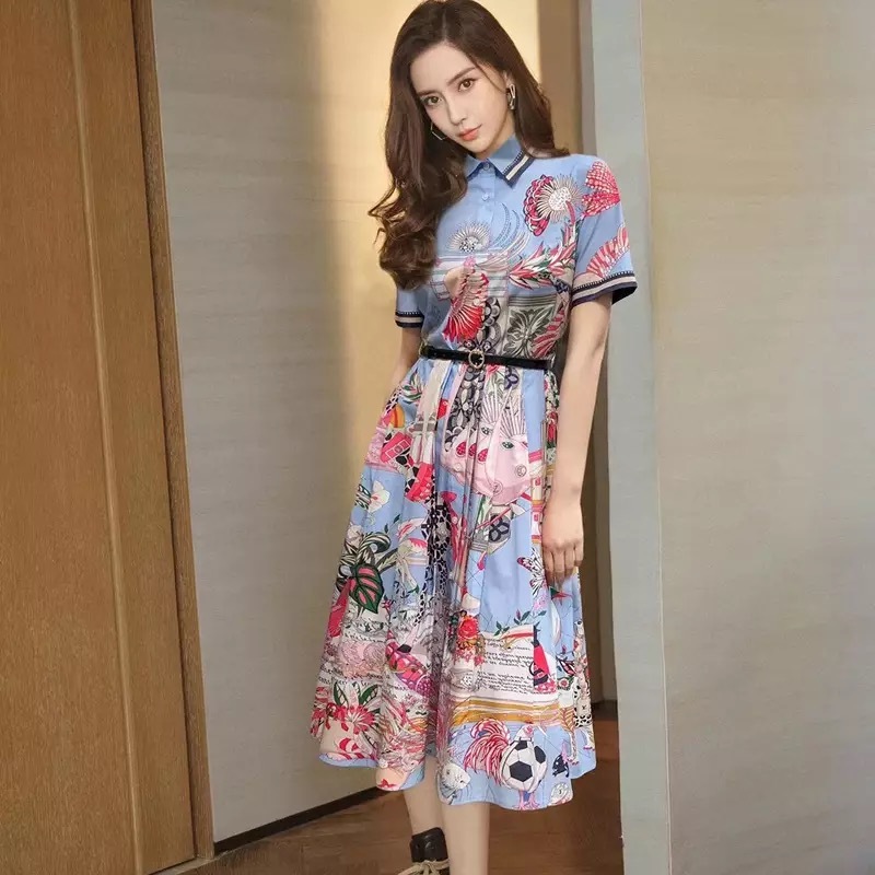 celebrity style holiday blue baroque flower printed short sleeve summer dress for women elegant party night with belt 210421