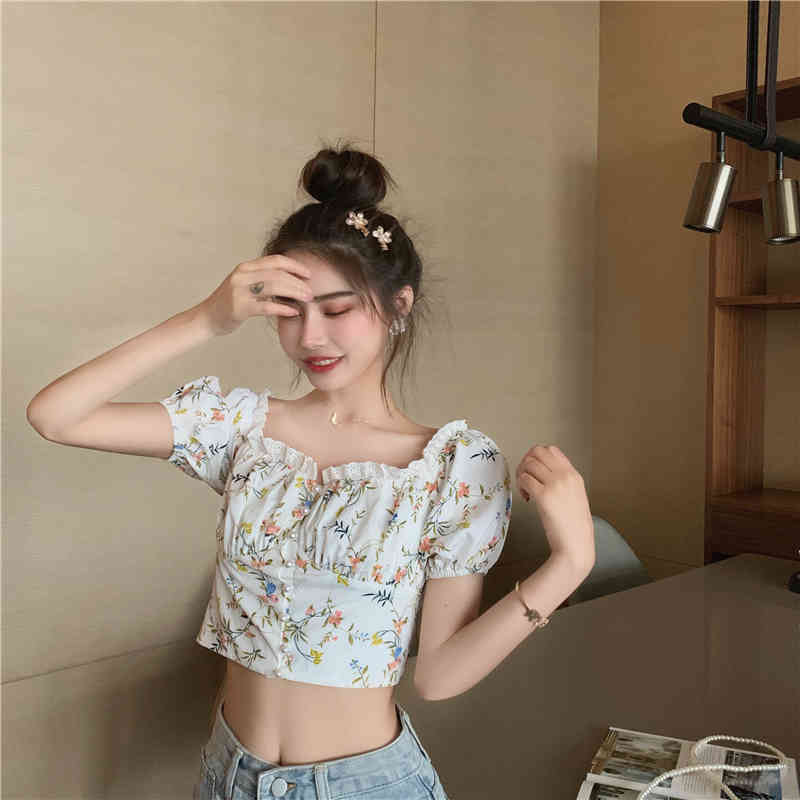 Summer Sexy Slash Neck Top Women Vintage Slim Lace Splicing Flowers Shirt Female Sweet Short Shirts 210518