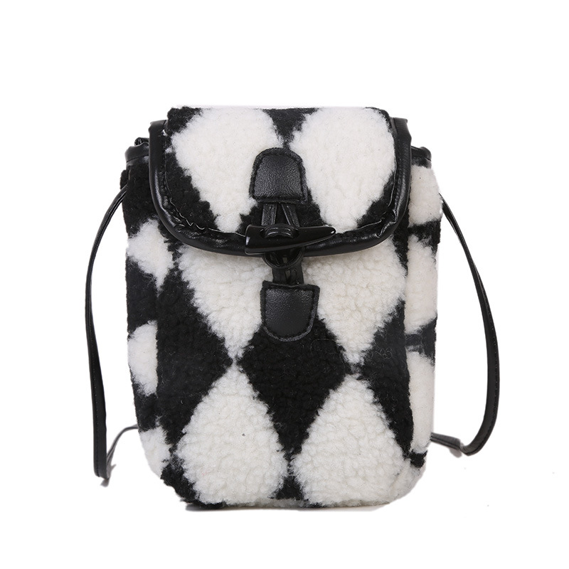 Women Crossbody Bag Checkerboard Lamb Wool Bag Female Handbags Casual Simple Design Mobile Phone Small Square Bag