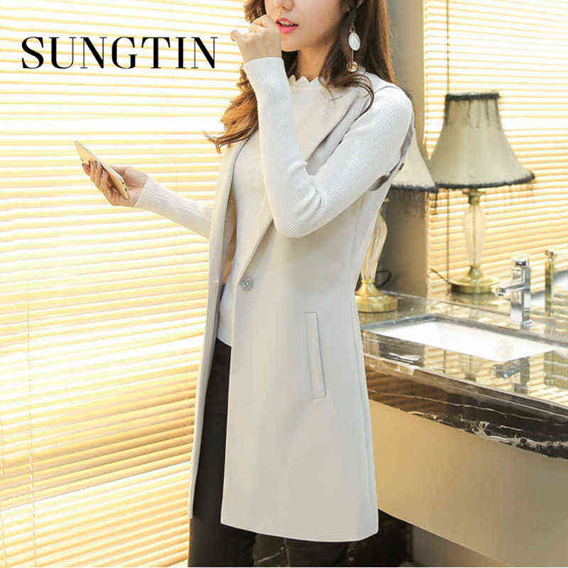 Sungtin Classic Women Long Blazer Vest Elegant Office Lady Coat Female Waistcoat Causal Suits Sleeveless Jacket Plus Size 211130