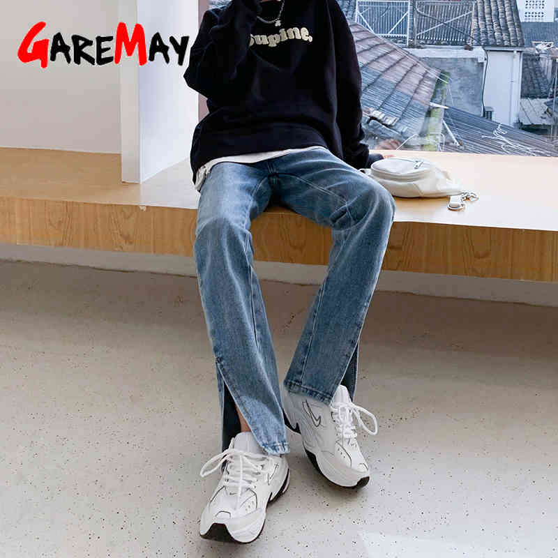 Straight Leg White Jeans Women Loose High Waist Mom Front Side Slit Denim Pants Vintage Stacked 210428