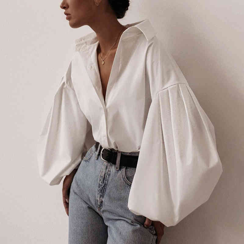 Lantern Long Sleeve Shirt Women Spring Sexy Single Breasted Vintage Blouse Casual White Black Turn Down Collar Office Lady 210522