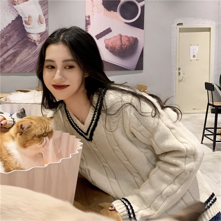 Autumn Winter korean style knitted Sweaters Womens Loose V neck Striped Sweater and Pullovers female (C8592) 210423
