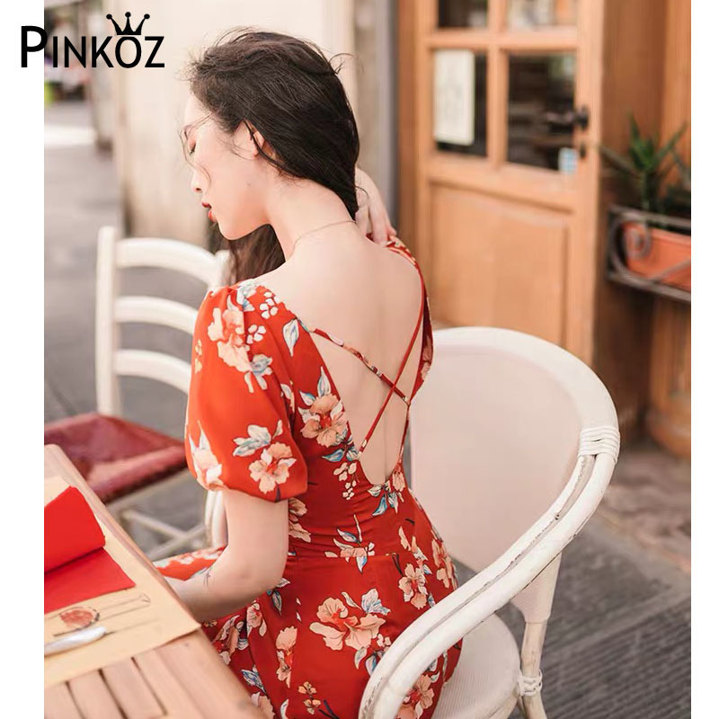Fashion Boho Dress Floral Print Sexy Cross Strap Backless Open Back Bow Tie Casual Bohemian Knee Length Vestido 210421