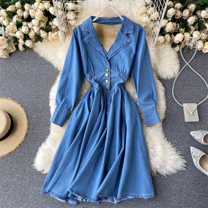 Spring Autumn Vintage Long Sleeve Denim Dress Women Elegant V Neck Button up High Waist Backless Slim A Line Midi Vestidos 210603, Blue
Spring Autumn Vintage Long Sleeve Denim Dress Women Elegant V Neck Button up High Waist Backless Slim A Line Midi Vestidos 210603, Blue