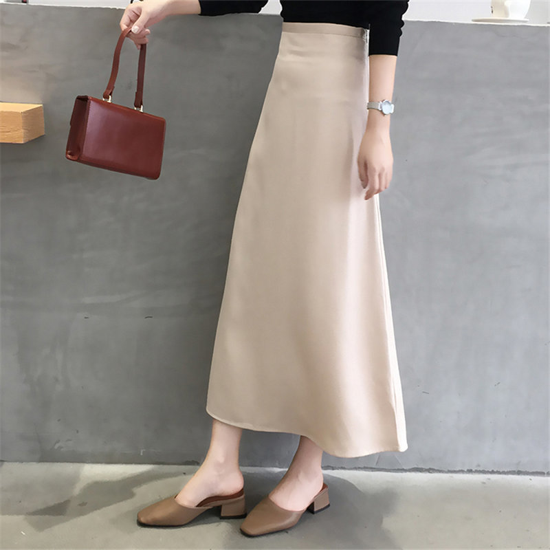 Vintage Solid High Waist Retro Skirt Satin Female Streetwear Plus Size Fashion OL Elegant Long Skirts 210421