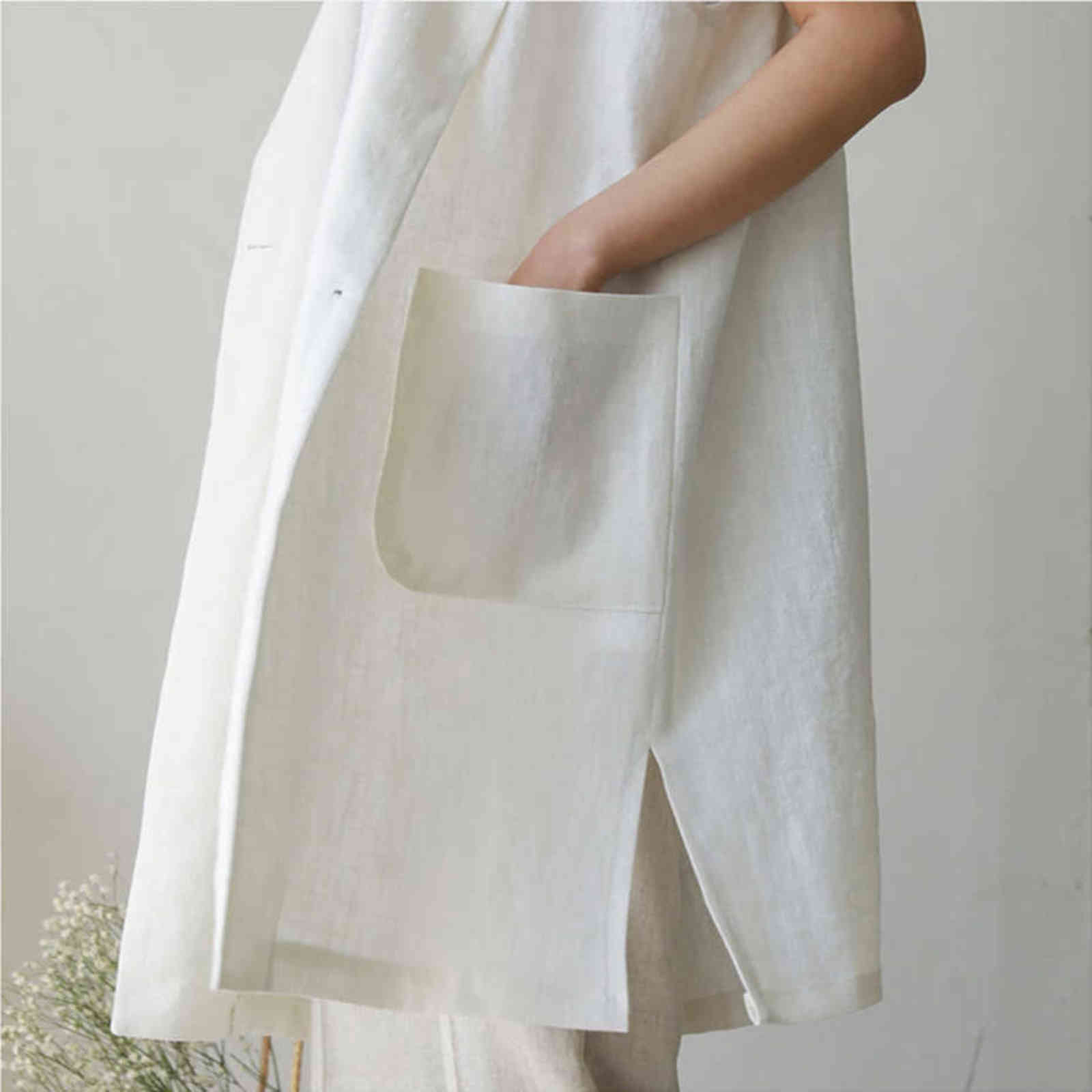 M-2XL Single-breasted Loose Simple Vest Jacket White Autumn Spring Sleeveless Suit Waistcoat Linen Long Coat Female QEN009 211120