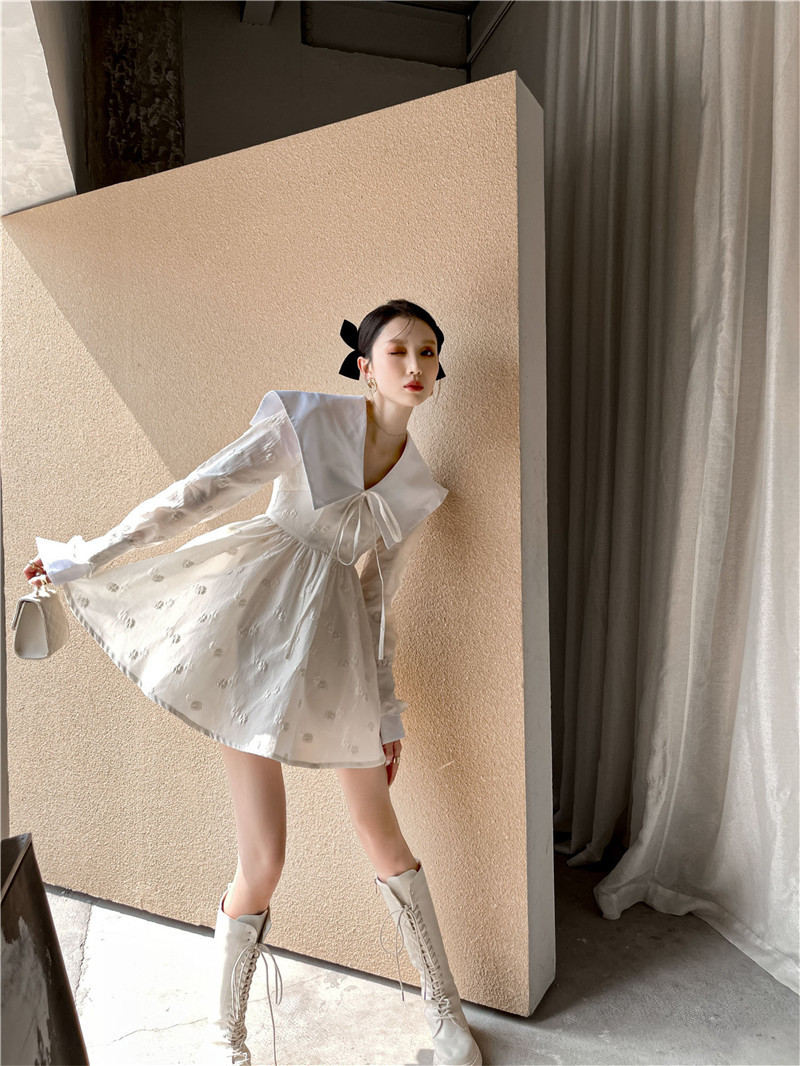 Sailor Collar Jacquard Long Sleeve Mini Dress Women Tie Neck Tunic A Line Fashion Korean Outfit Spring 210427