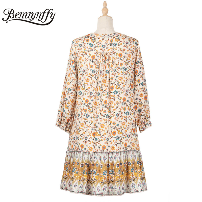 V-neck Button Front Loose Bohemian Short Dresses Summer Women Vacation Casual Boho Floral Print 3/4 Sleeve Dress 210510