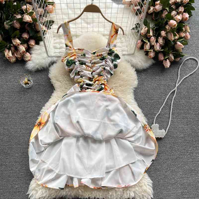 Fashion Ruffles Ruched Spaghetti Strap Cotton Dress Women Square Collar Backless Floral Print Ball Gown Pleats Summer Dress 210515