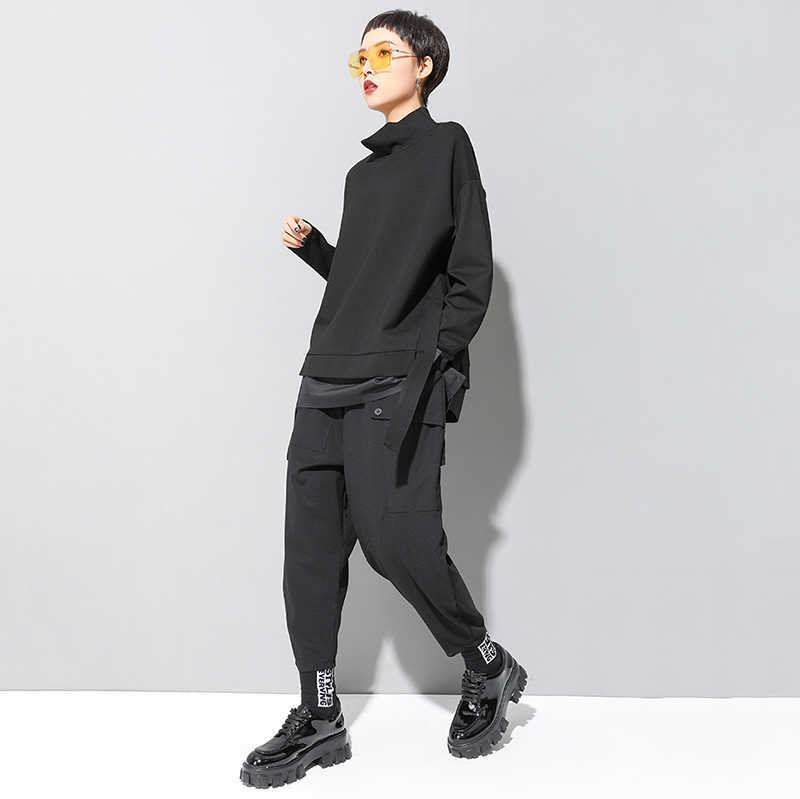[EAM] Loose Fit Asymmetrical Oversized Sweatshirt High Collar Long Sleeve Women Big Size Fashion Spring Autumn 19A-a124 210910