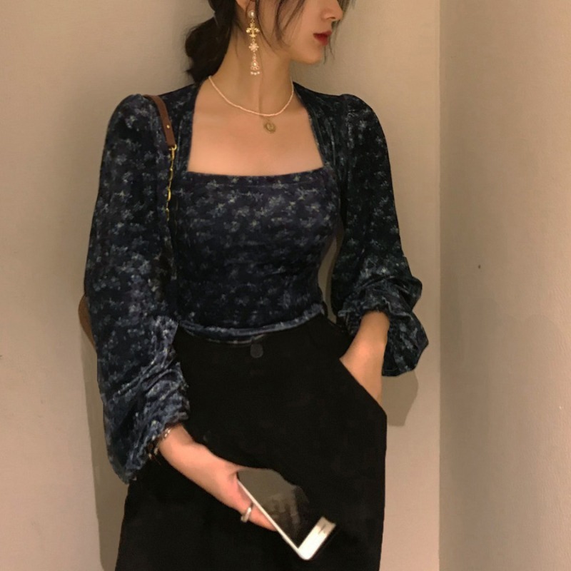 Crop Blusas Korean Chic Retro Elegant Square Collar Floral Print Puff Sleeve Shirt Spring Vintage Blouse Mujer 210519