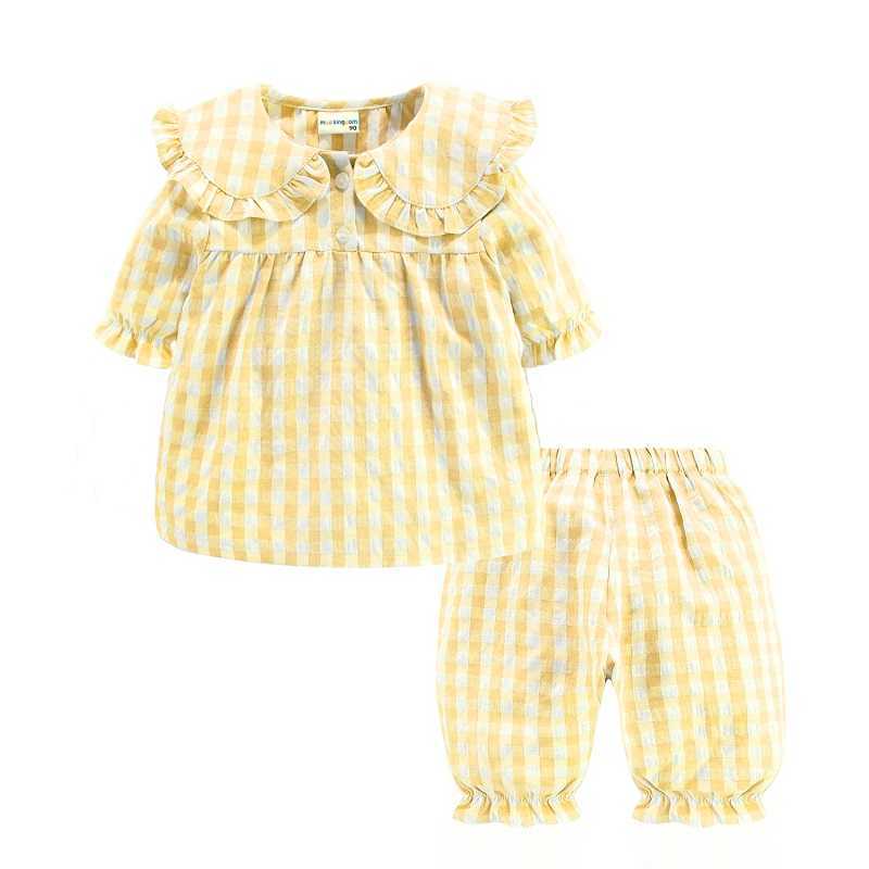 Mudkingdom Girls Summer Pajamas Set Peter Pan Collar Plaid Girl Short Sleeve and Shorts Pajama Toddler Homewear Kids Sleepwear 210615