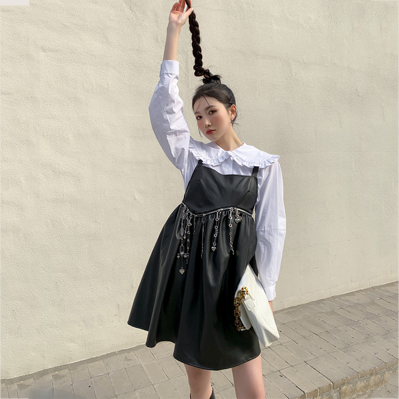 Women Black Chain Belt Leather Dress Square Collar Sleeveless Loose Fit Fashion Spring Autumn 2E1646 210526