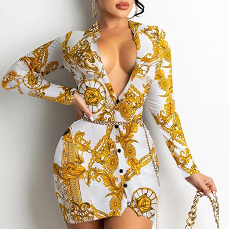High Quality Vintage Chain Print Bodycon Mini Dress For Women: Sexy Long Sleeve Club Wear B5