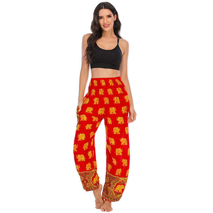 Bohemia Ladies Golden Elephant Printed High Waist Pants Thailand Elastici Jogger Woman Trouser Summer Thin Harem 210604
