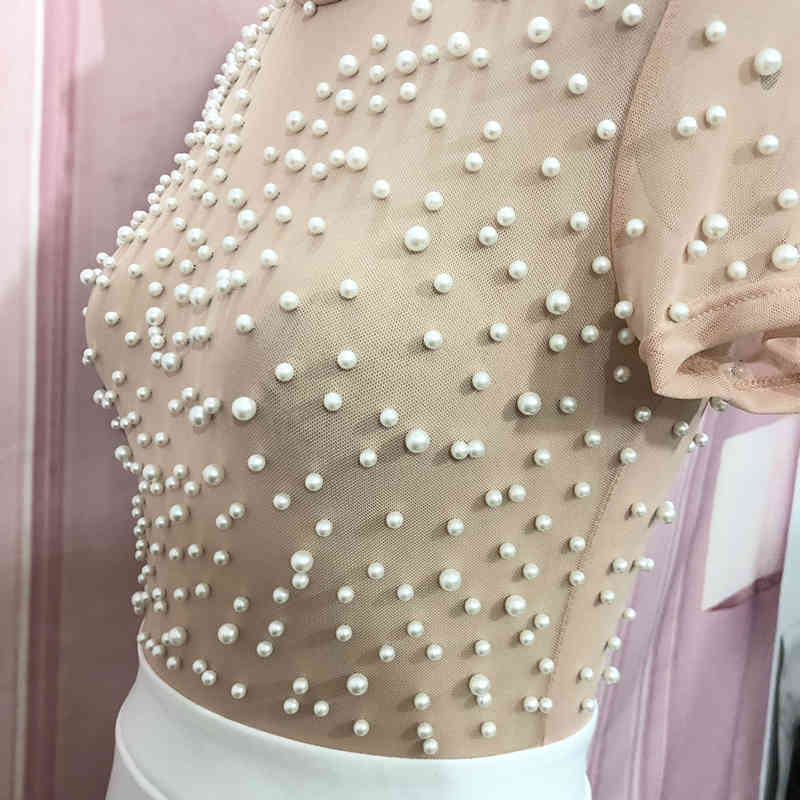Sexy Dress See Through Tulle with Bead Tops Patchwork Slit Dresses for Women Short Sleeves Female Spring Summer New Arrival 210331