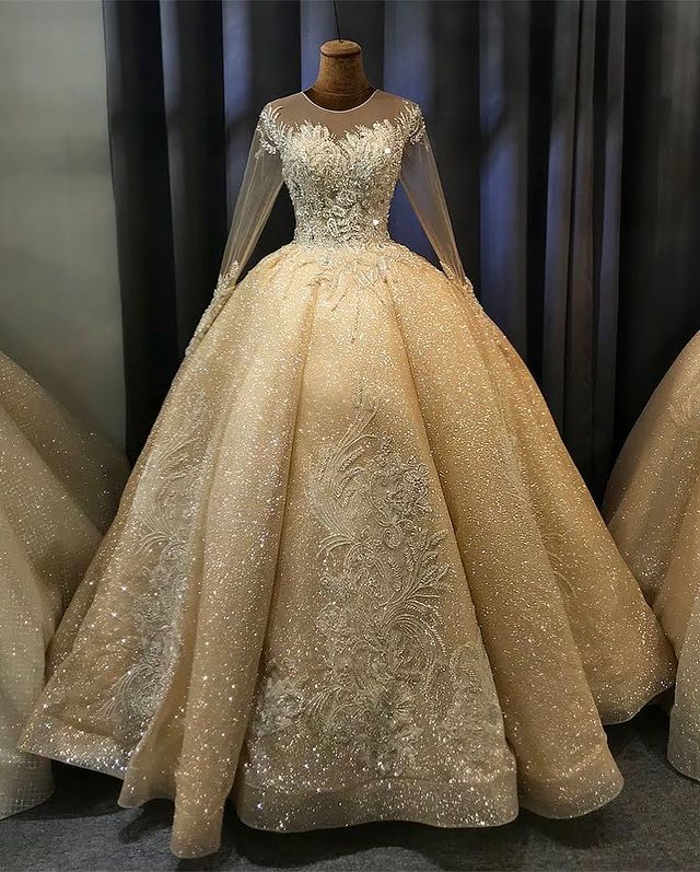 2021 Plus Size Arabic Aso Ebi Gold Lace Beaded Wedding Gowns Sheer Neck Long Sleeves Sequined Bridal Dresses ZJ955