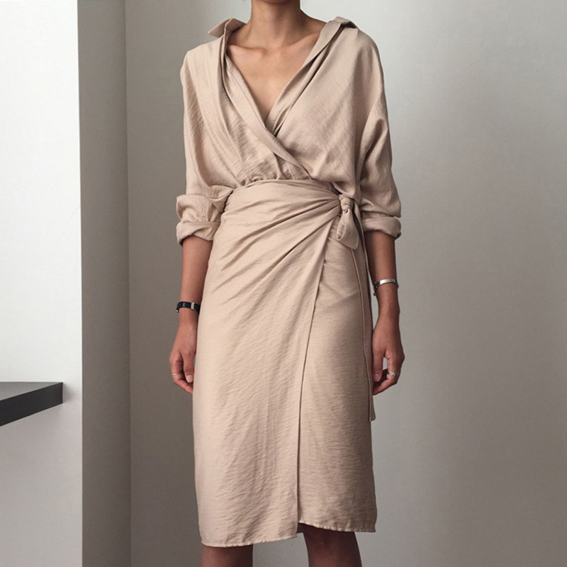 Chic V Neck Wrap Dress Women Solid Long Sleeve Elegant Office Ladies Dresses Vintage Midi Dress Vestidos Mujer 210414