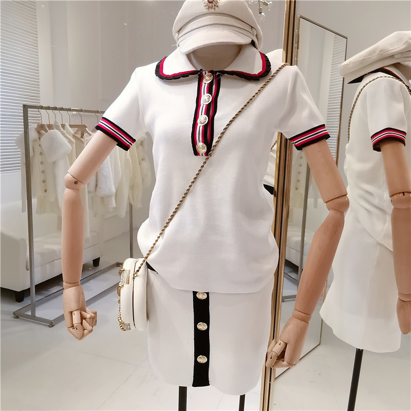 Summer Women Runway Turn-down Collar Striped Knitted Tops Short Sleeve Sweater + Gold Buttons Mini Pencil Skirt Set 210515