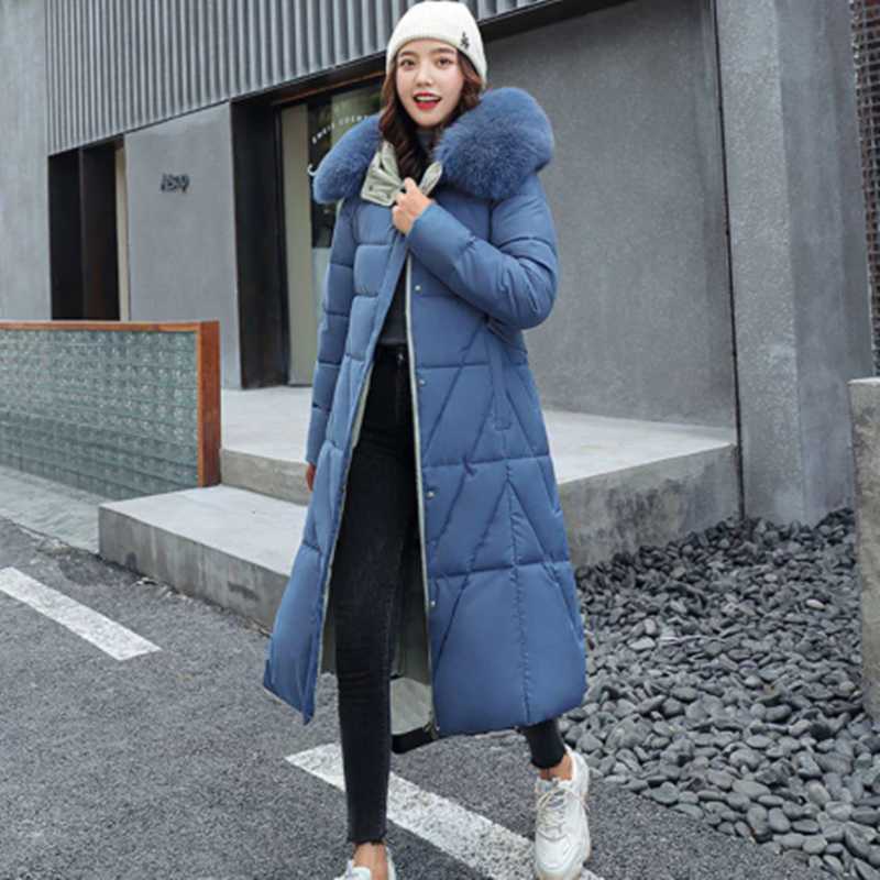 Long Down Cotton Jacket Thicken Winter Woman Coat Plus size Loose Warm Outerwear Big Fur collar Hooded Women Parka 210819