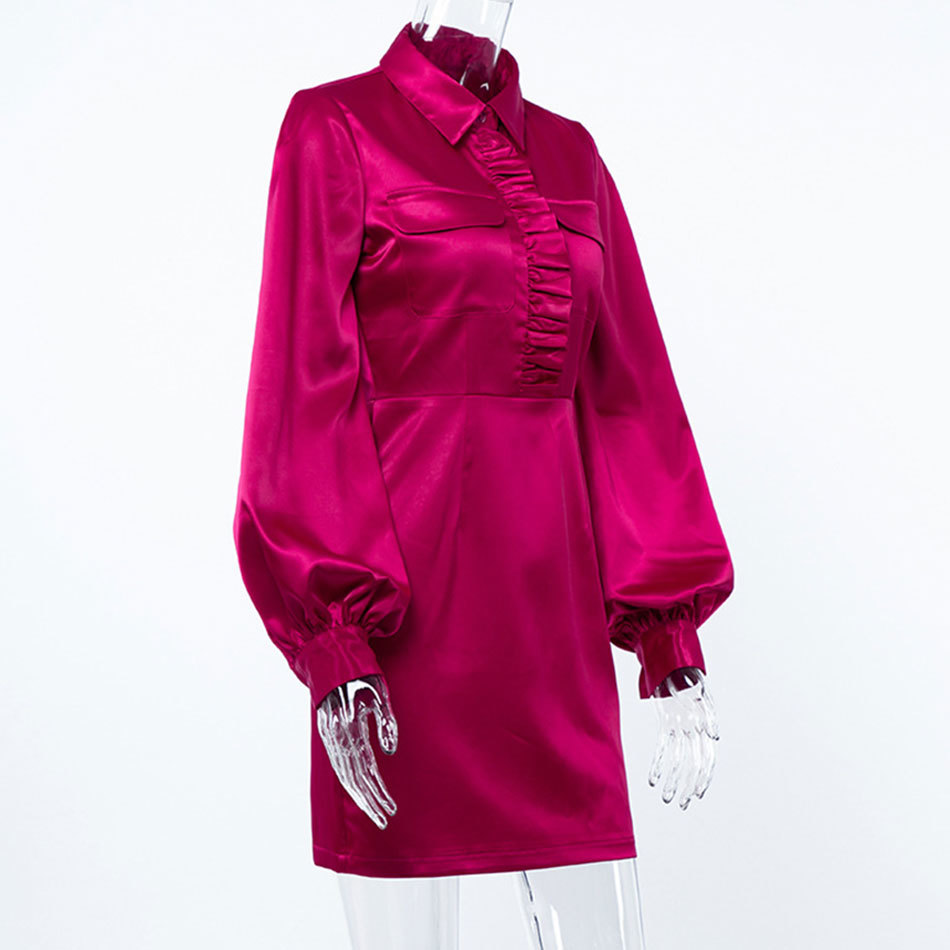 Free Autumn Women's Satin Dress Lapel Lantern Sleeve Ruffle Slim Mini Club Evening Party Vestidos 210524