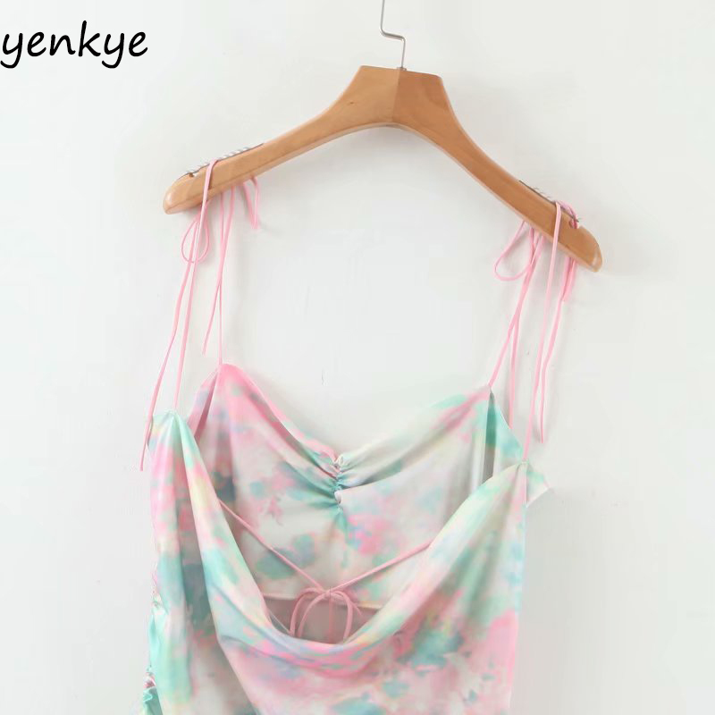 Tie-dye Print Sling Sexy Dress Romantic Women Backless Sleeveless Side Drawstring Asymmetric Dress Satin Chiffon Summer Dress 210515