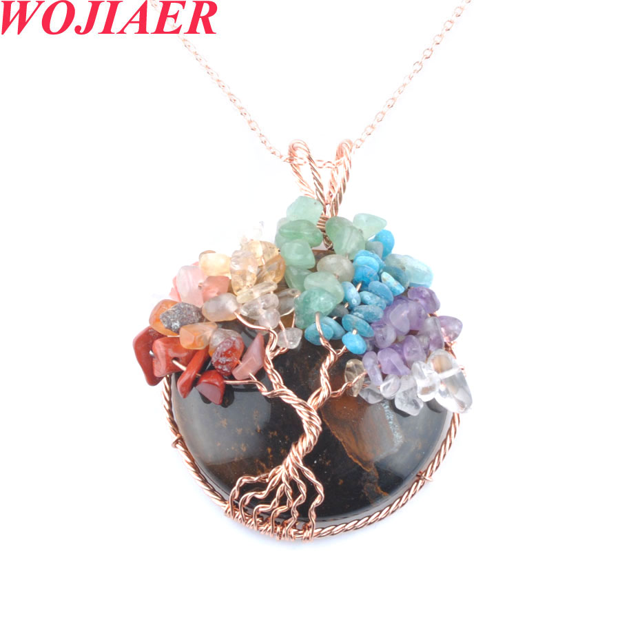 WOJIAER Natural Cabochon Stone Tigers Eye Tree of Life Pendant Rose Gold Wire Wrap 7 Chakra Chip Bead Women Necklace O9020