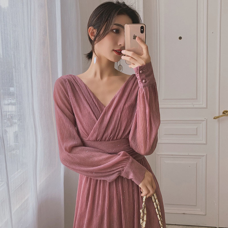 Solid High Waist Puff Sleeve Elegant Dress Vintage V Neck Long Maxi Women Sequin Party Sexy Robe Femme 13019 210427