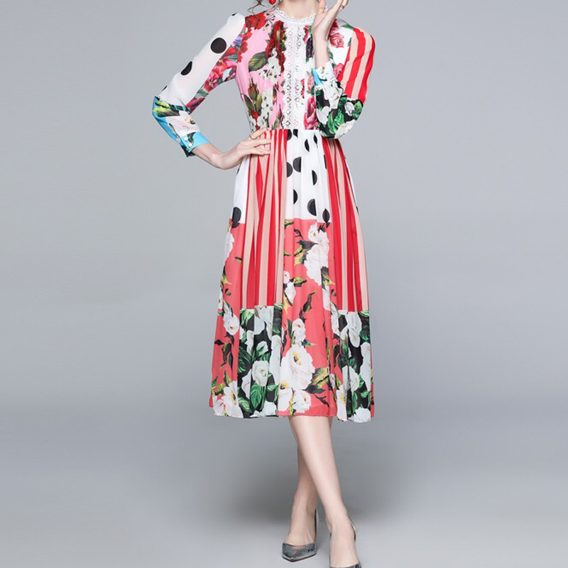 celebrity polka dot flower printed boho summer dress for women patchwork lace ruched A-line holiday midi robe plus size z 210421