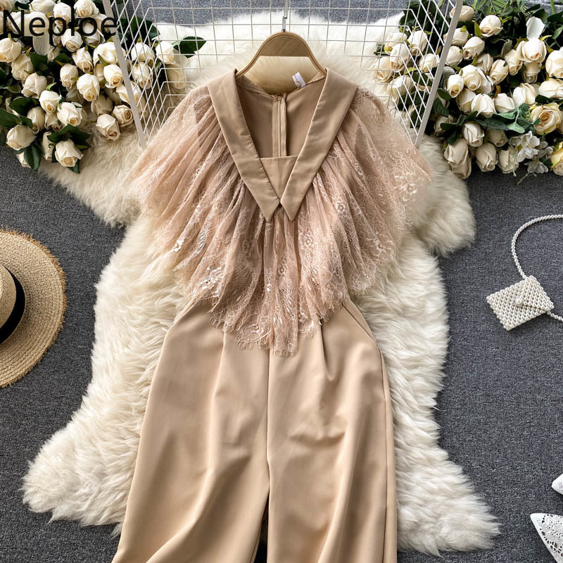 Neploe Women Jumpsuits Vintage Lace Ruffle Patchwork Tank Rompers Elegant V Neck Sleeveless Summer Beach Slim Wide Leg Pants 210422