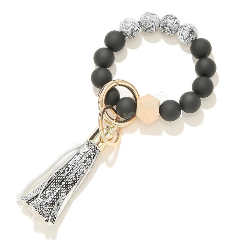 Leopard Frosted Wooden Bead Bracelet Strands Keychain Fashion Pattern Tassel Pendant Bracelets Women Girl Key ring Wrist Strap 7 Colors
